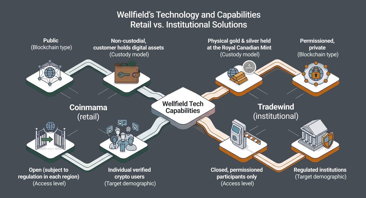Comparison of Wellfield's retail and institutional blockchain solutions: Coinmama uses public blockchains with non-custodial, retail access, while Tradewind uses a permissioned blockchain with custodied assets for institutional access.